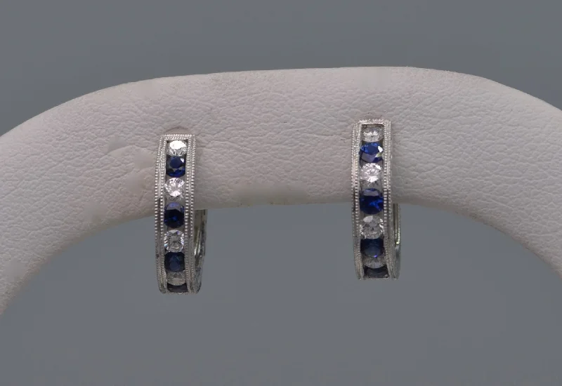 Timeless Gold Earrings for Women-18K white gold hoop earrings with Diamonds & Sapphires