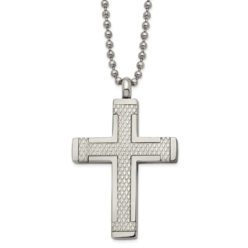 Minimalist Necklace for Every Day-Men's Titanium Polished & Laser Cut Textured Cross Necklace, 22 Inch