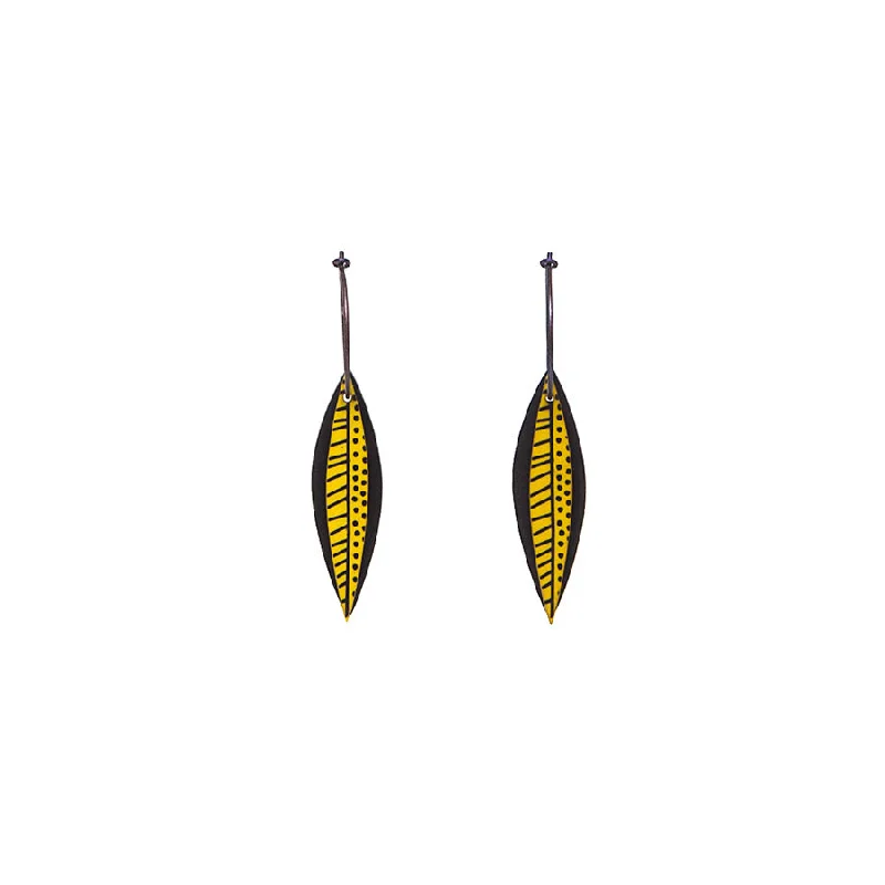 Bohemian Earrings for Fashion Lovers-Lene Lundberg K Form Chartreuse/Black Thin Veined and Spotted Leaf Earrings