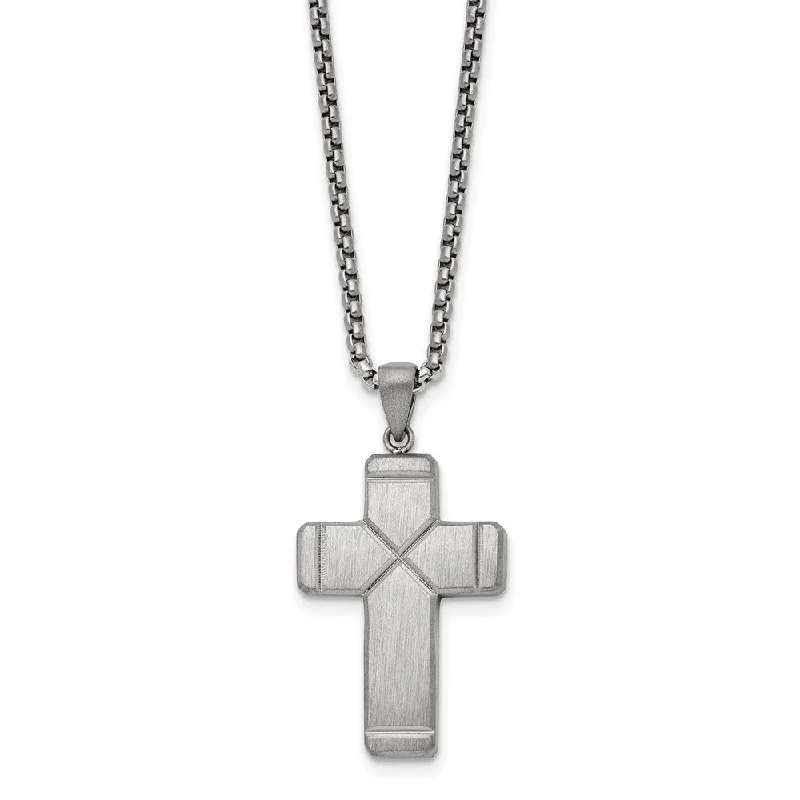 Gold Heart Necklace for Gifts-Stainless Steel Brushed & Grooved Cross Necklace, 19.5 Inch