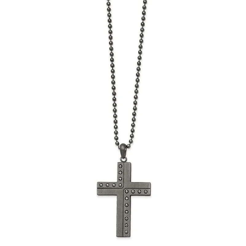 Sterling Silver Necklace for Formal Wear-Men's Gunmetal Plated Stainless Steel Beaded Cross Necklace, 22 Inch