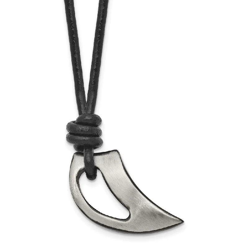 Large Pendant Necklace for Fashion Statement-Black Plated Stainless Steel & Leather Brushed Claw Necklace, 20 Inch