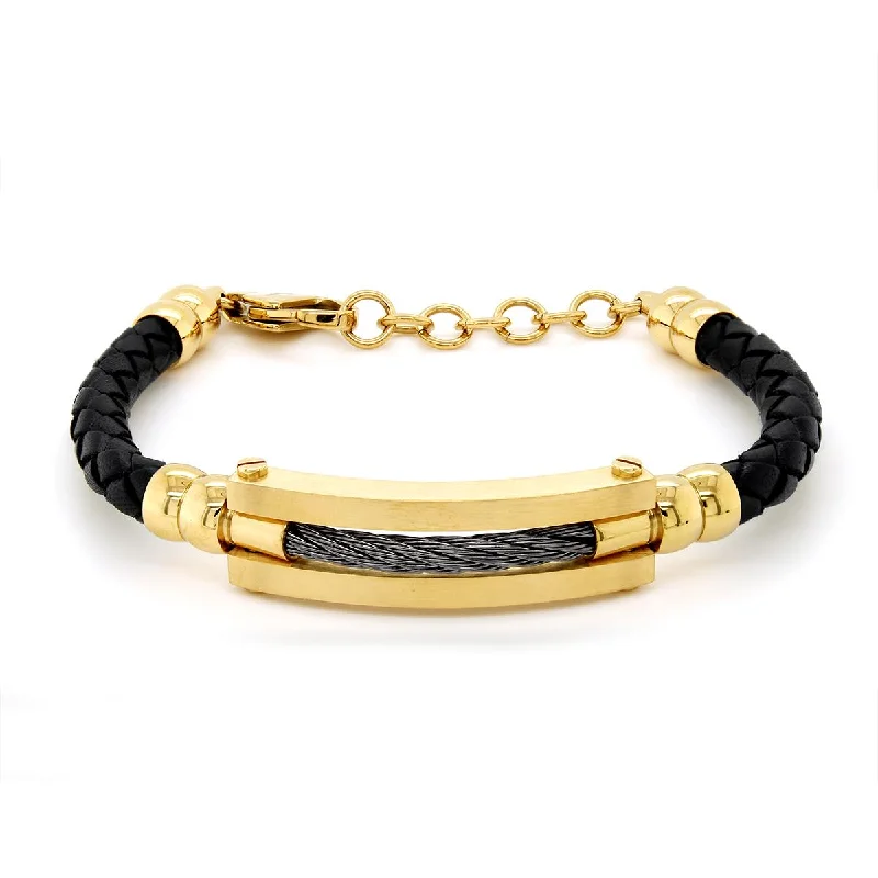 Custom Birthstone Bracelet for Women-GENTS GOLD ION PLATED STEEL AND LEATHER BRACELET