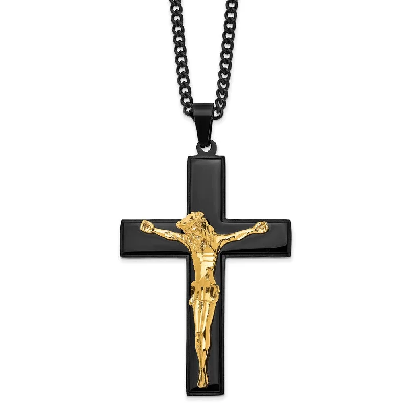 Geometric Necklace for Fashionable Women-Stainless Steel Black & Gold Tone Plated LG Crucifix Necklace, 24 Inch