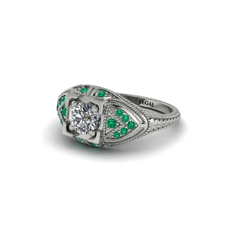 Wedding Band with Gemstones-Round Diamond Filigree Art Deco Vintage Engagement Ring - Bree No. 18