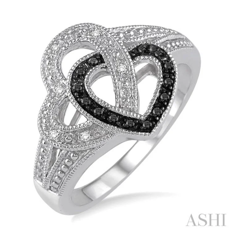 Custom Wedding Band with Initials-1/10 Ctw White and Black Diamond Heart Shape Ring in Sterling Silver