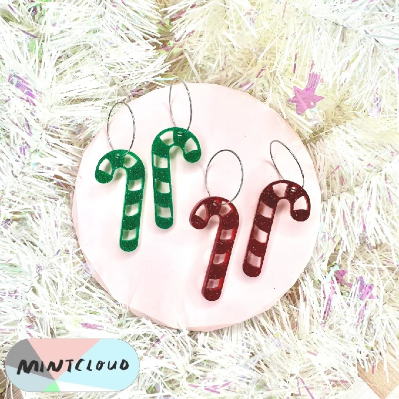 Black Diamond Earrings for Evening Wear-Mintcloud Christmas Earrings - Candy Cane Green or Red Glitter