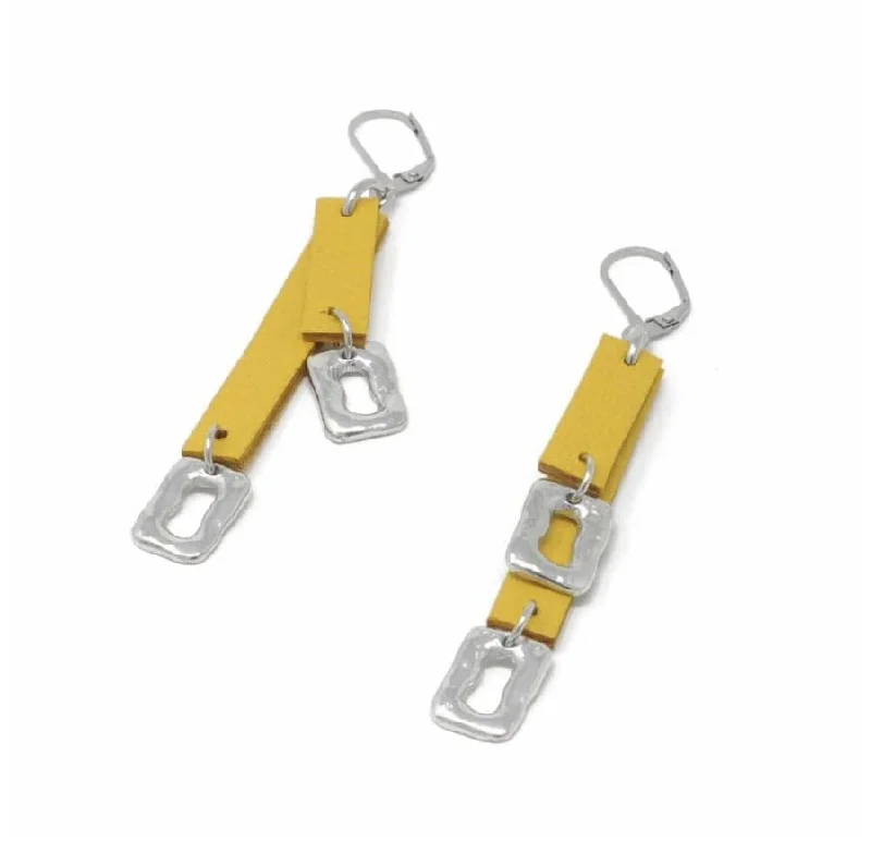 Classic Earrings for Every Occasion-Sobo Double Yellow Leather and Small Ring Feature Earrings