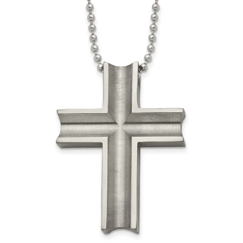 Luxury Diamond Necklace for Brides-Men's Titanium & Stainless Steel Large Grooved Cross Necklace, 24 Inch