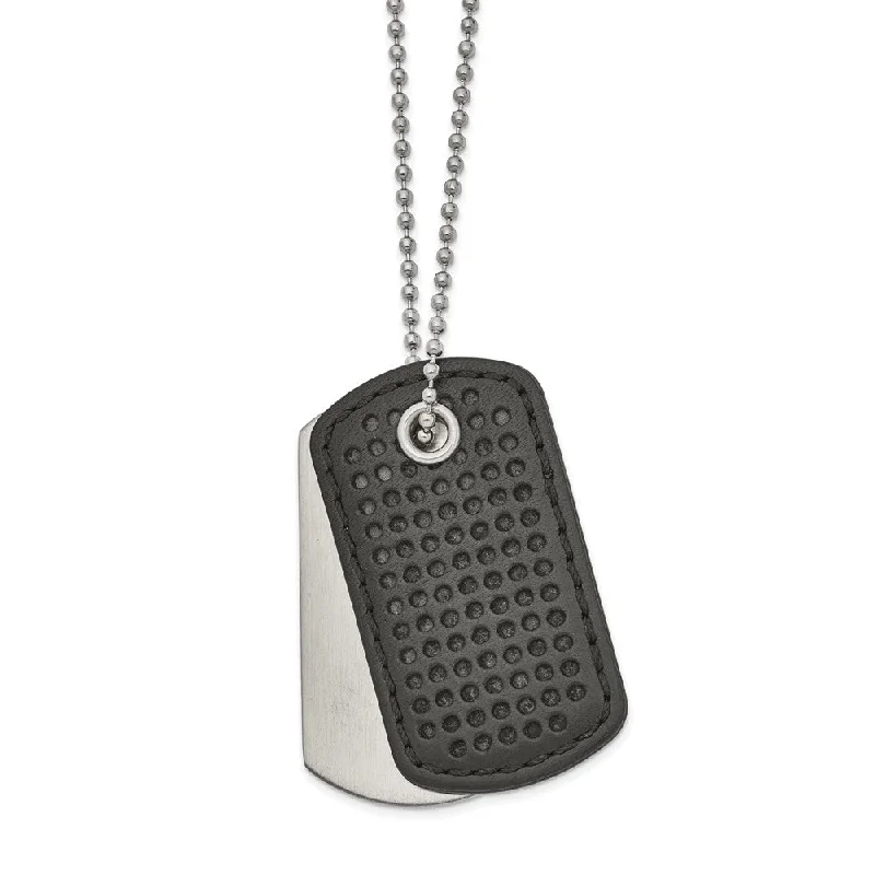 Layered Chain Necklace for Fashionistas-Men's Stainless Steel & Black Leather 2 Piece Dog Tag Necklace, 22 In