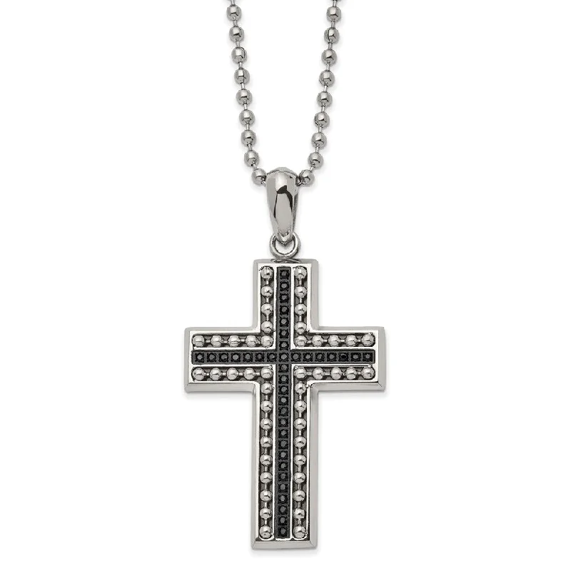 Gold Necklace with Initials-Men's Stainless Steel Black CZ Polished Beaded Cross Necklace, 22 Inch