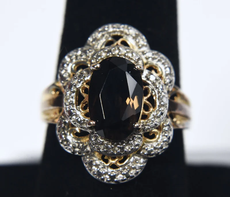 Handcrafted Wedding Ring for Couples-Ross-Simons - Gold Tone Sterling Silver Smoky Quartz and Diamond Cocktail Ring - Size 8