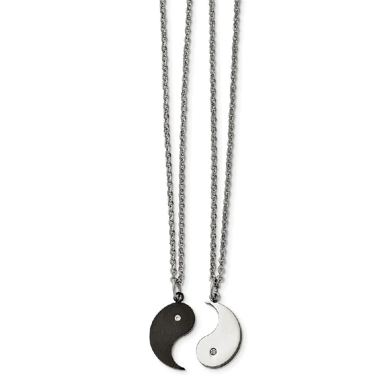 Simple Chain Necklace for Day-to-Day Look-Black Plated Stainless Steel Yin Yang Necklace Set w CZ, 20 Inch