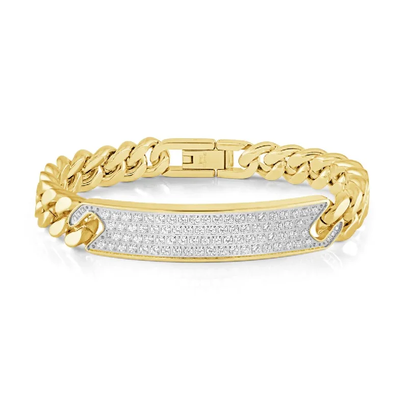 Adjustable Bracelet for Casual Looks-MEN'S CURB LINK GOLD TONE STEEL BRACELET WITH PAVE CUBIC ZIRCONIA PLATE