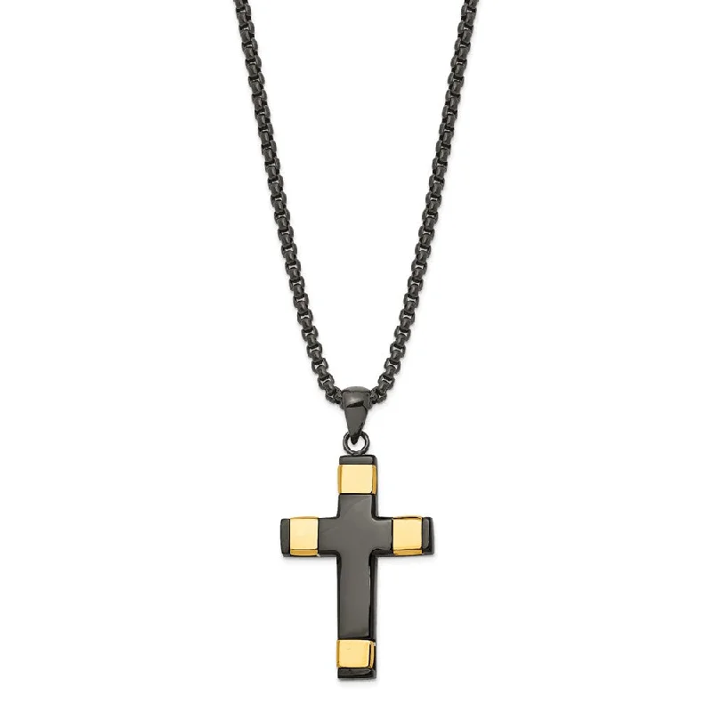 Gold Pendant Necklace for Stylish Women-Stainless Steel Black and Gold Tone Plated Cross Necklace, 19.75 Inch