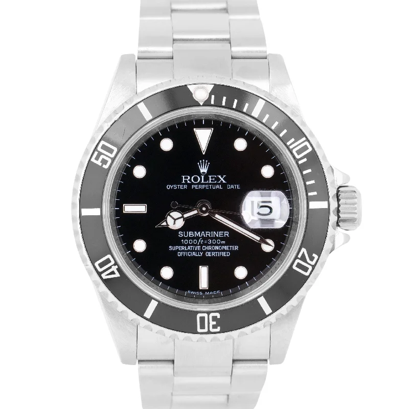 Sports Watches with GPS for Fitness-Rolex Submariner Date REHAUT 16610 T NO-HOLES Stainless Steel 40mm Oyster Watch