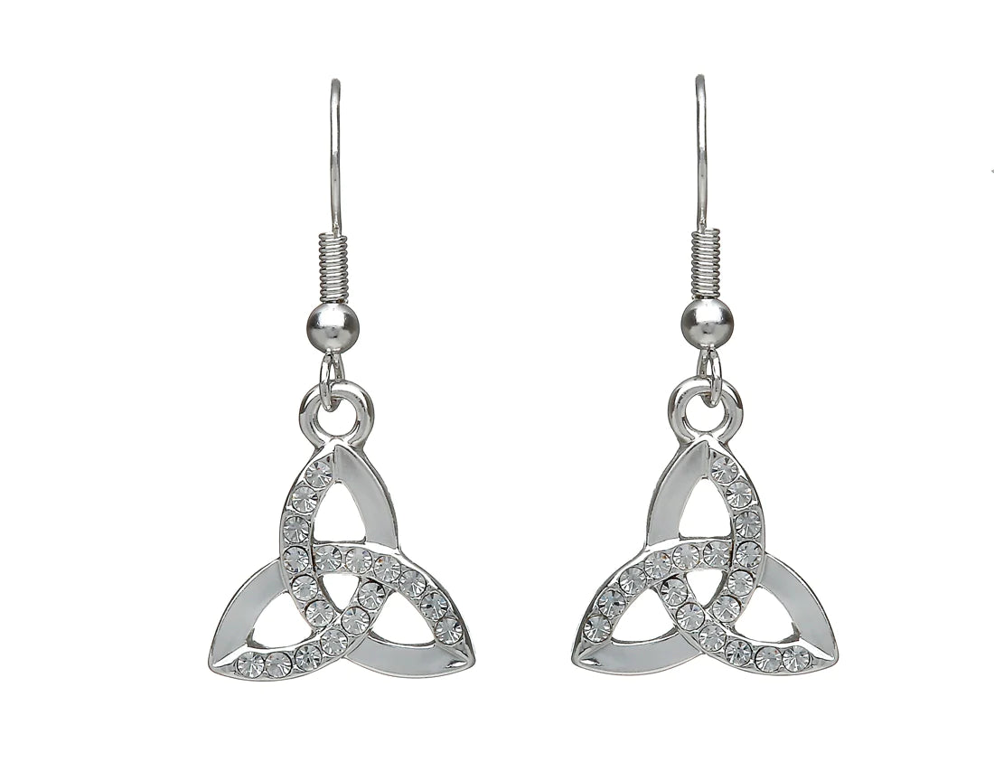 Crystal Earrings for Parties-Celtic Trinity Knot with Clear Stones Silver Plated Drop Earrings by Woods Celtic Jewllery