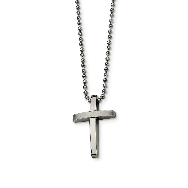 Boho Necklace for Casual Look-Men's Stainless Steel Small Brushed and Polished Cross Necklace, 18 In