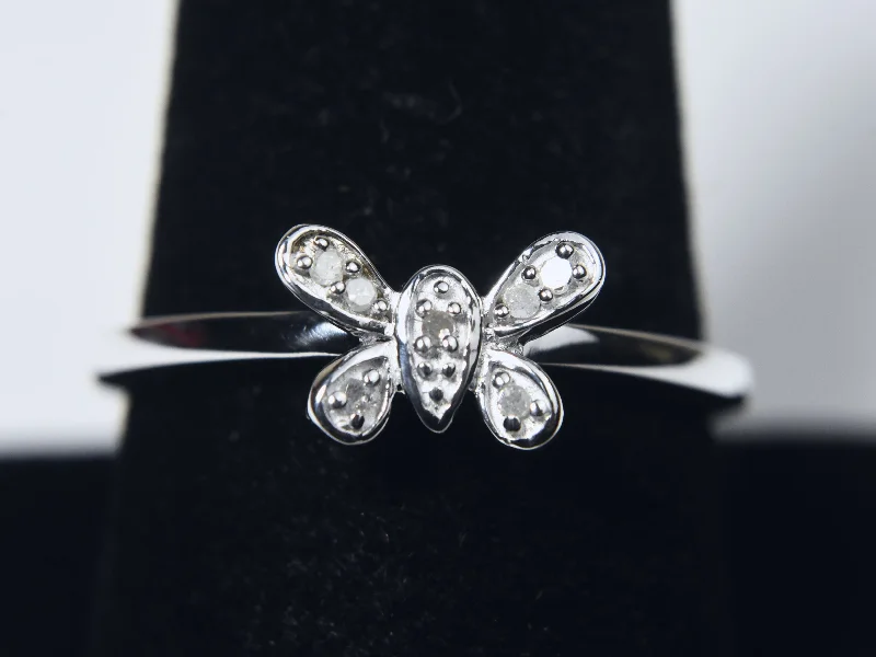 Custom Birthstone Ring for Women-Diamonds Butterfly Sterling Silver Ring - Size 9