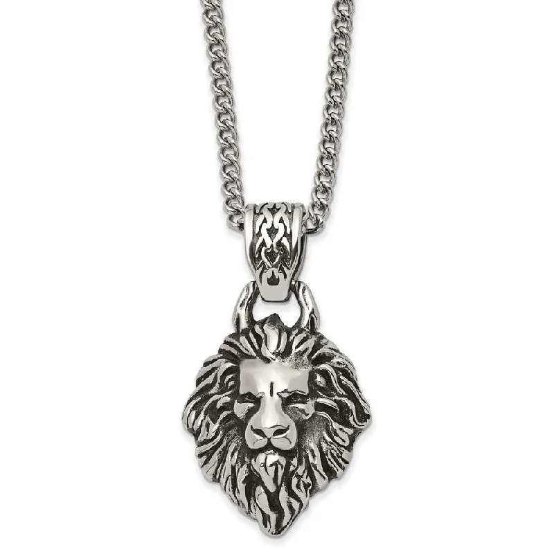 Personalized Family Birthstone Necklace-Stainless Steel Medium Antiqued Lion's Head Necklace, 24 Inch