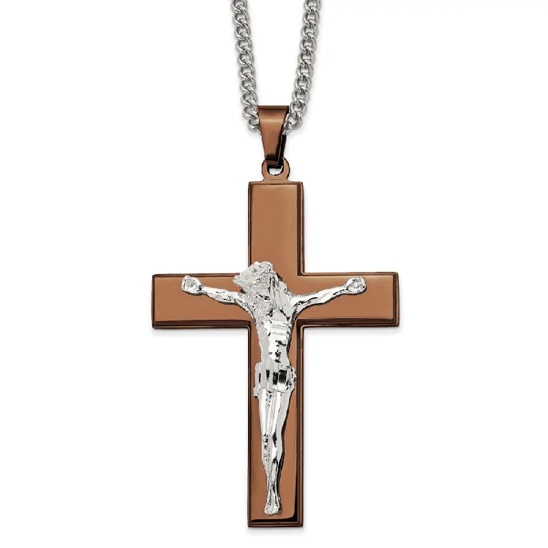 Elegant Pendant Necklace for Weddings-Stainless Steel & Brown IP-Plated Large Crucifix Necklace, 24 Inch