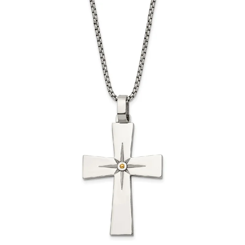 Classic Necklace for Women-Men's Stainless Steel & Gold Tone North Star Cross Necklace, 24 Inch