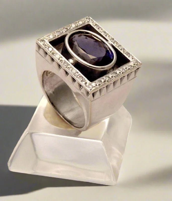 Colored Gemstone Ring for Fashion-Ring in white gold 18K. with Iolite 9 c. and Brilliants 1.25c.(B-74)