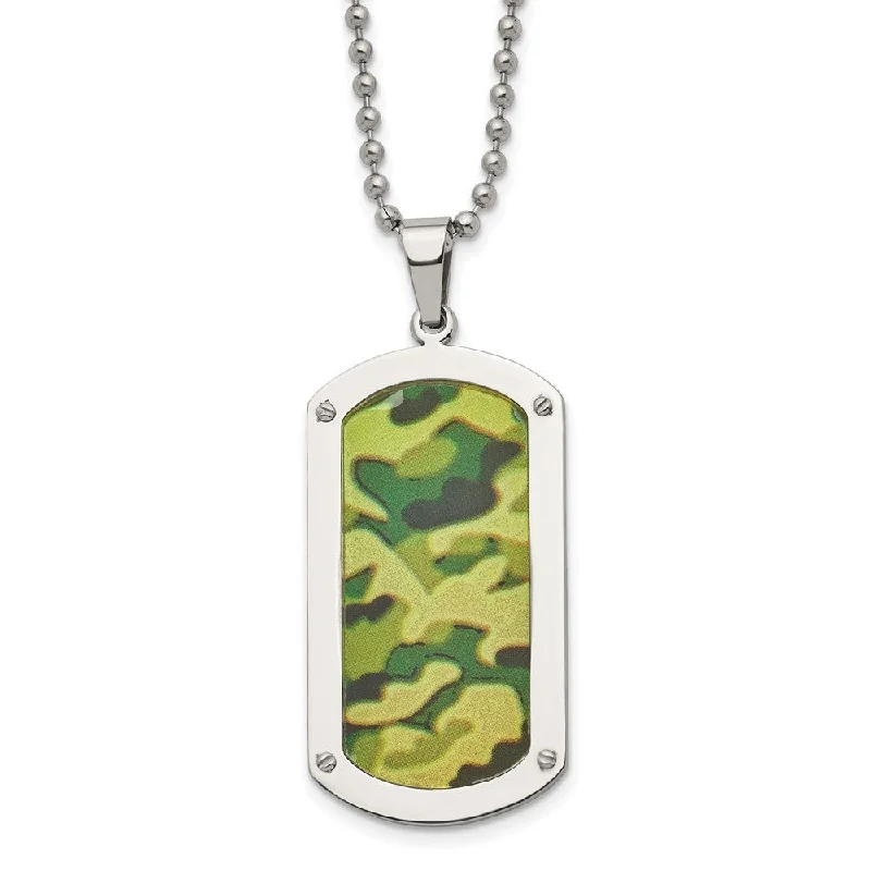 Modern Necklace for Evening Outfits-Men's Stainless Steel Camouflage Enameled Dog Tag Necklace, 24 Inch