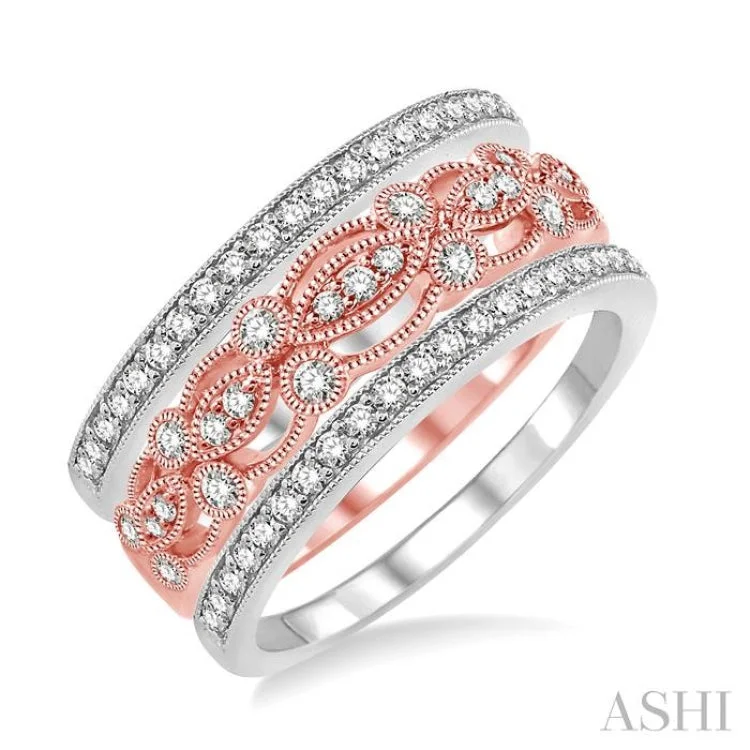 Handcrafted Diamond Ring for Engagement-5/8 Ctw Round Cut Diamond Triple Band Set in 14K Rose and White Gold