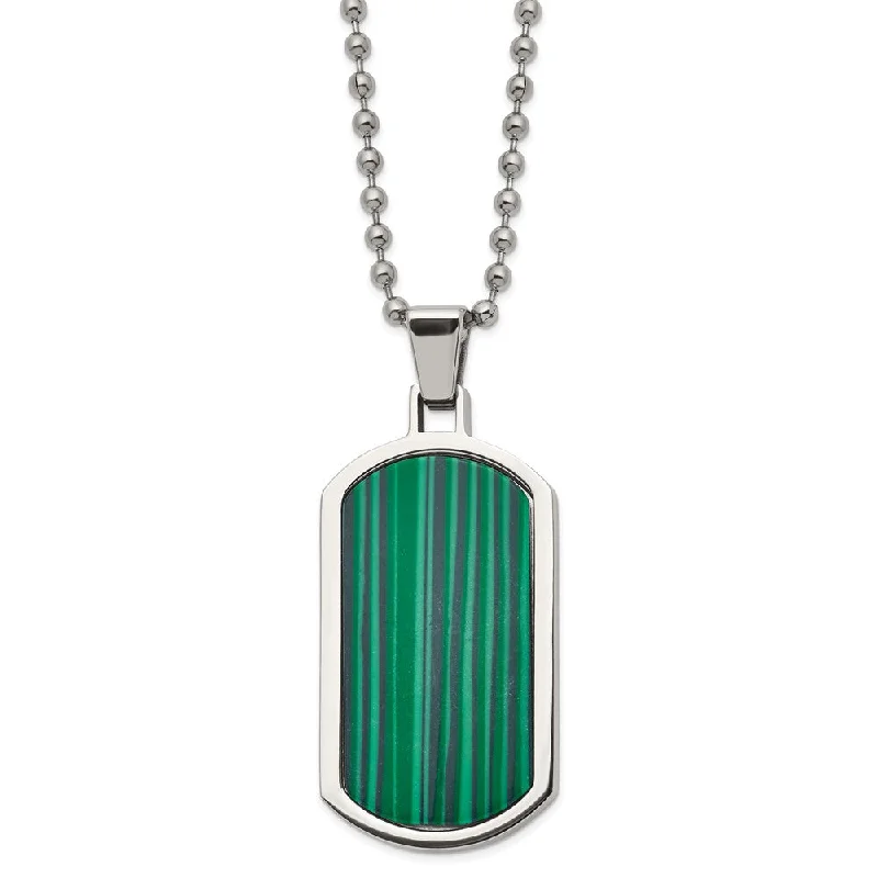 Gemstone Necklace for Evening Wear-Men's Stainless Steel & Malachite Inlay Dog Tag Necklace, 22 Inch