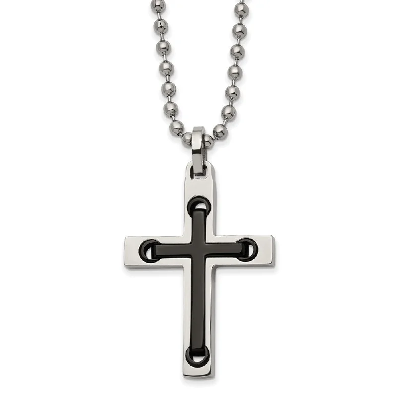 Custom Necklace with Name-Men's Stainless Steel & Black Plated Polished Cross Necklace, 22 Inch