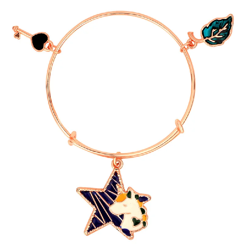 Statement Bangles for Bold Fashion-Mahi Leaf, Key & Star Unicorn Rose Gold Plated Enamel Work Charms Bracelet for Girls (BRK1100844Z)