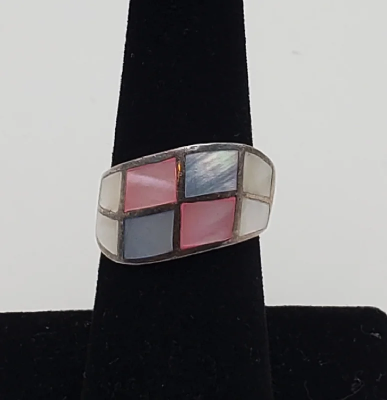 Unique Wedding Ring for Him and Her-Multicolor Mother-of-pearl Sterling Silver Inlaid Ring - Size 6.5