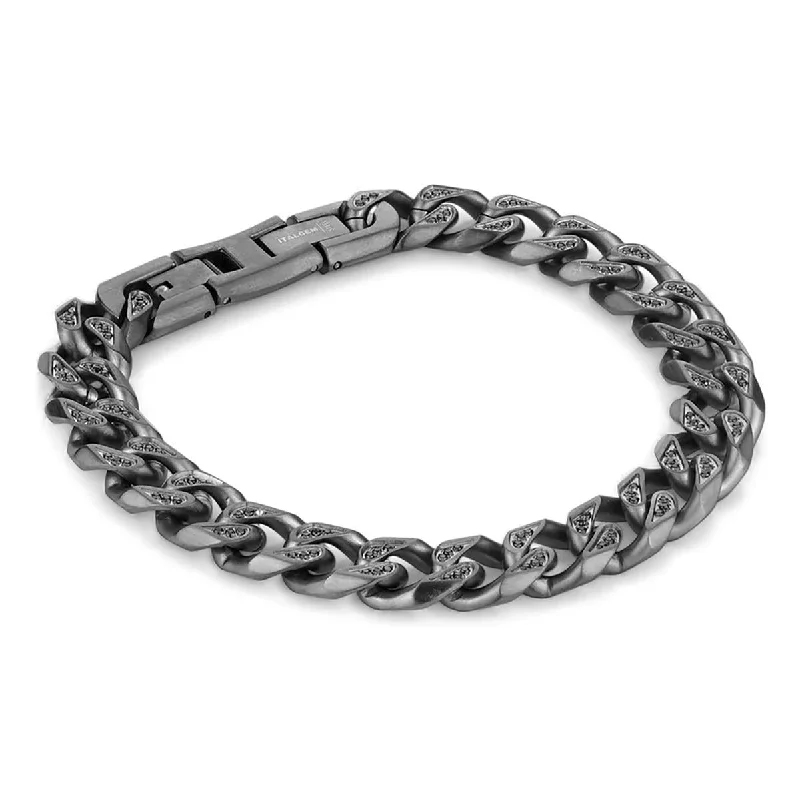 Chunky Bead Bracelet for Bold Style-GUNMETAL STAINLESS STEEL CUBAN LINK BRACELET WITH BLACK CZS, 10.5MM