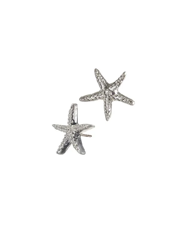 Large Statement Earrings-Hot Tomato Starfish Stud Earrings in Worn Silver