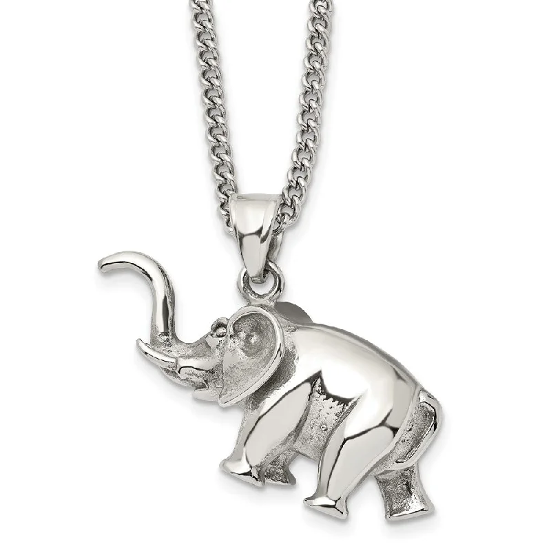 Sterling Silver Necklace for Casual Wear-Stainless Steel Polished 3D Elephant Necklace, 24 Inch