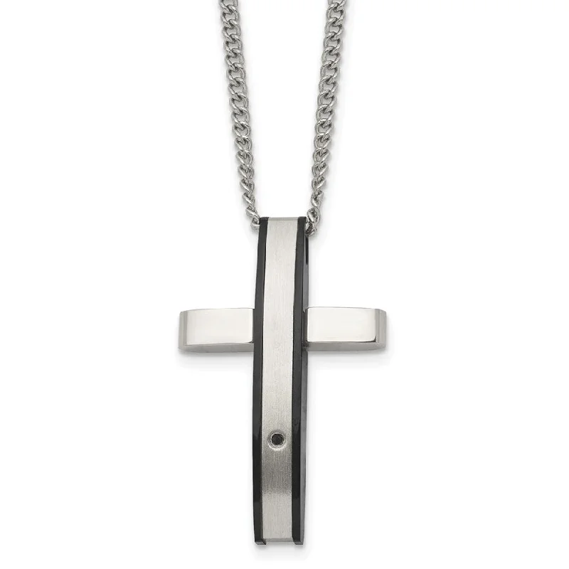 Custom Gold Necklace for Unique Style-Stainless Steel .01ct Black Diamond Convex Cross Necklace, 24 Inch