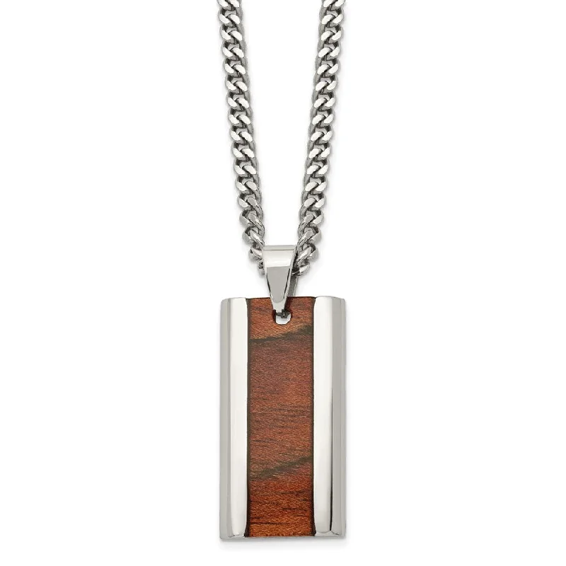 Gemstone Necklace for Wedding-Men's Stainless Steel & Koa Wood Inlay Enameled Necklace, 20 Inch