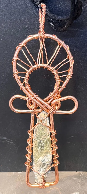 Fashionable Necklace for Young Adults-Green Kyanite Copper Ankh Necklace Pendant