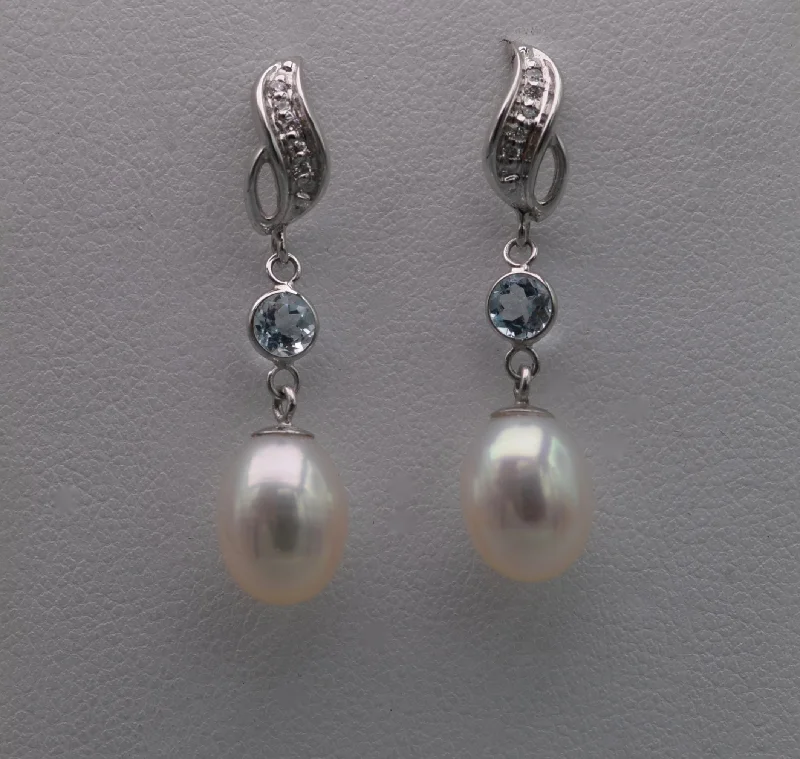 Statement Earrings for Weddings-14K white gold pearl drop earrings with Diamonds and Blue Topaz