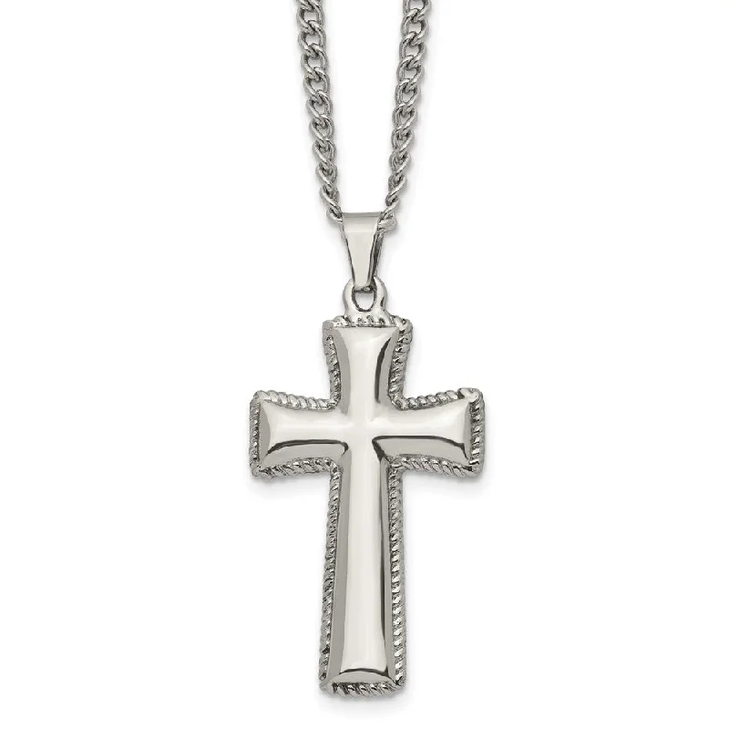 Customizable Charm Necklace-Men's Stainless Steel Polished Pillow Cross Necklace, 24 Inch