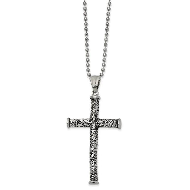 Gold Necklace with Initials-Stainless Steel Antiqued & Textured Large Tube Cross Necklace, 22 Inch