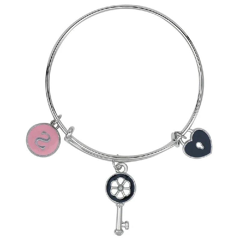 Silver Bangles with Stones-Mahi S Letter Key & Lock Shaped Enamel Work Charm Bracelet with Rhodium Plated for Kids (BRK1100890R)