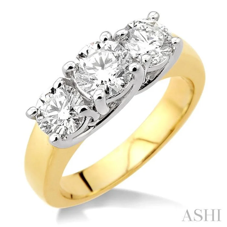 Fashionable Stackable Rings for Women-2 Ctw Three Stone Round Cut Diamond Ring in 14K Yellow and White Gold