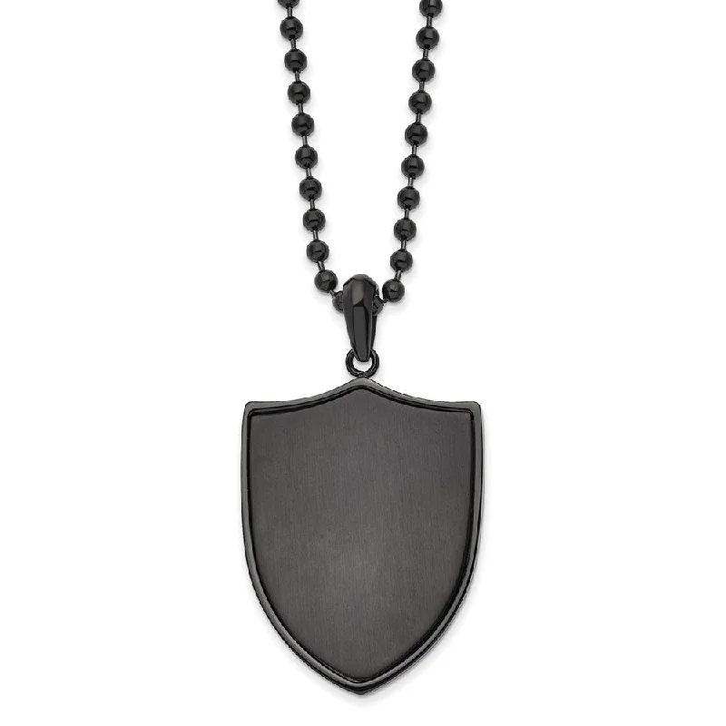 Wedding Necklace for Brides-Black Plated Stainless Steel Brushed & Polished Shield Necklace, 22 In