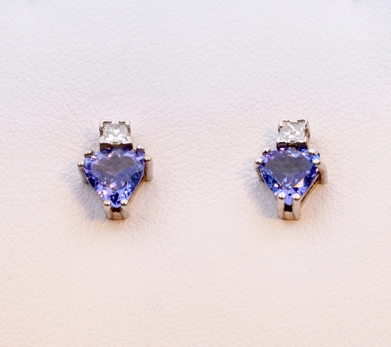 Large Gemstone Earrings for Special Events-14K white gold Tanzanite stud earrings with square Diamonds