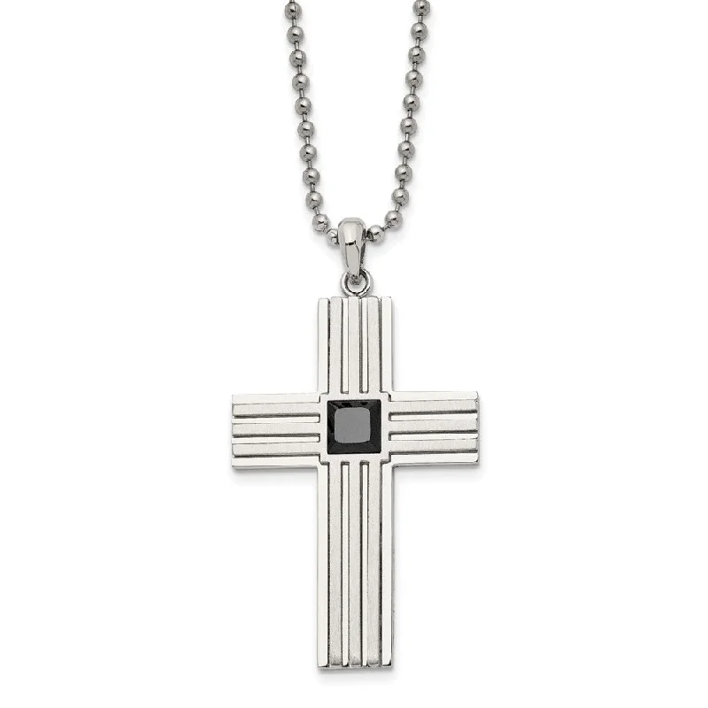 Engraved Necklace for Personal Touch-Stainless Steel & Black CZ Brushed & Polished Cross Necklace, 24 Inch