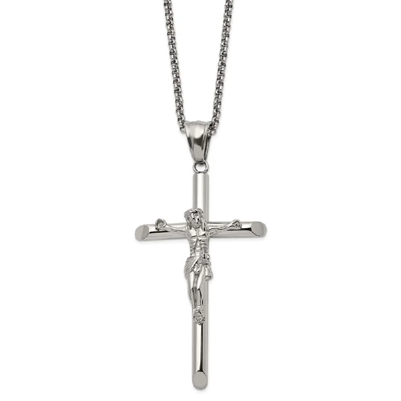 Crystal Necklace for Special Occasions-Stainless Steel Large Polished Crucifix Cross Necklace, 22 Inch