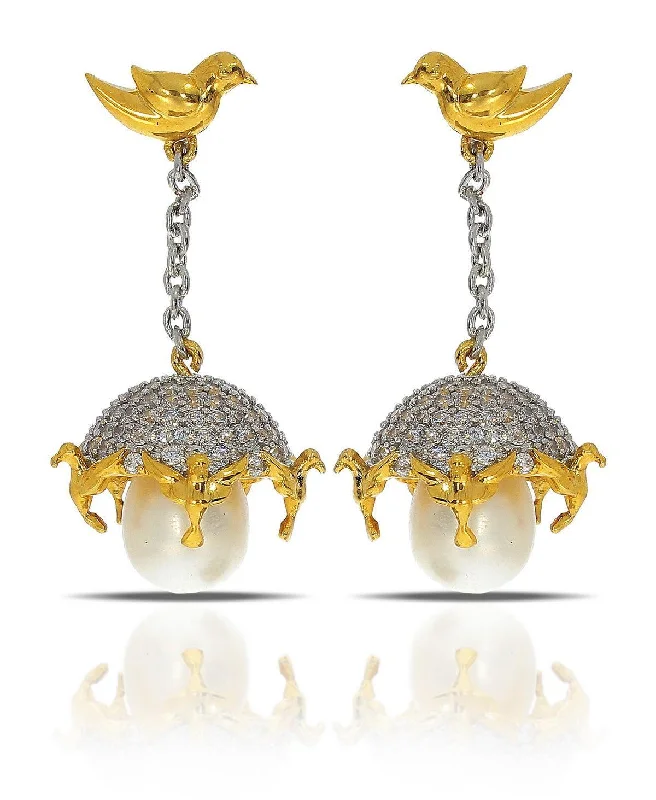 Sparkling Silver Earrings for Women-Traditional Bird Stone Studded Pearl Hanging Earrings