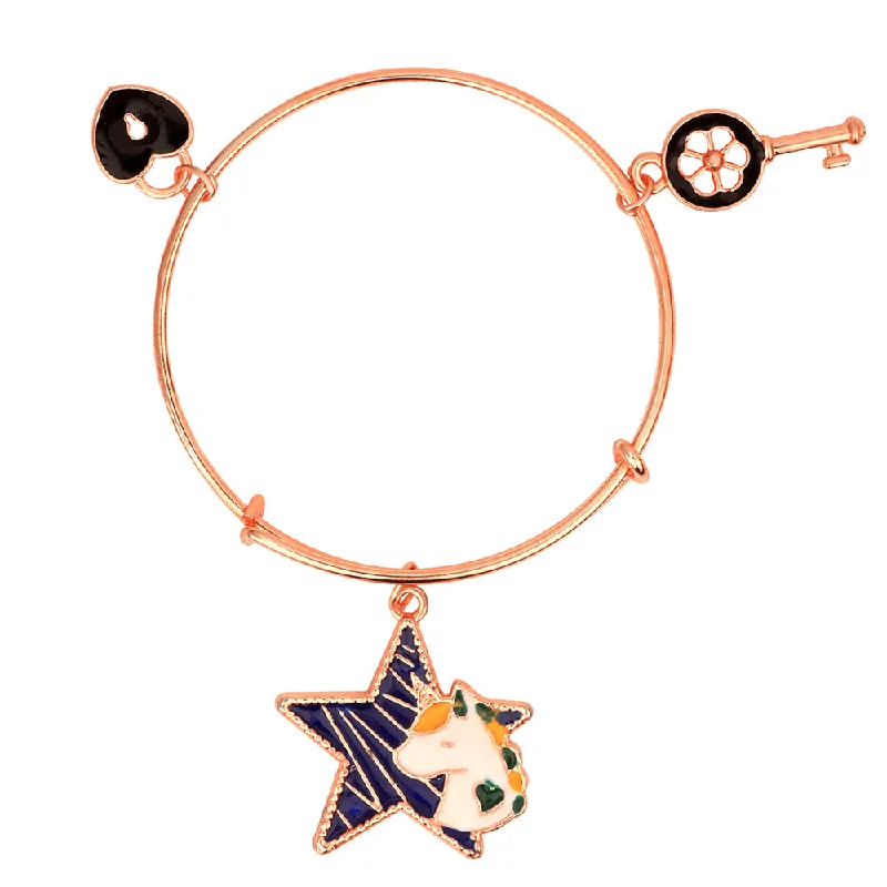 Luxury Wedding Bangles with Diamonds-Mahi Lock Key & Star Unicorn Shaped Rose gold Plated Charm Bracelet for Kids (BRK1100837Z)